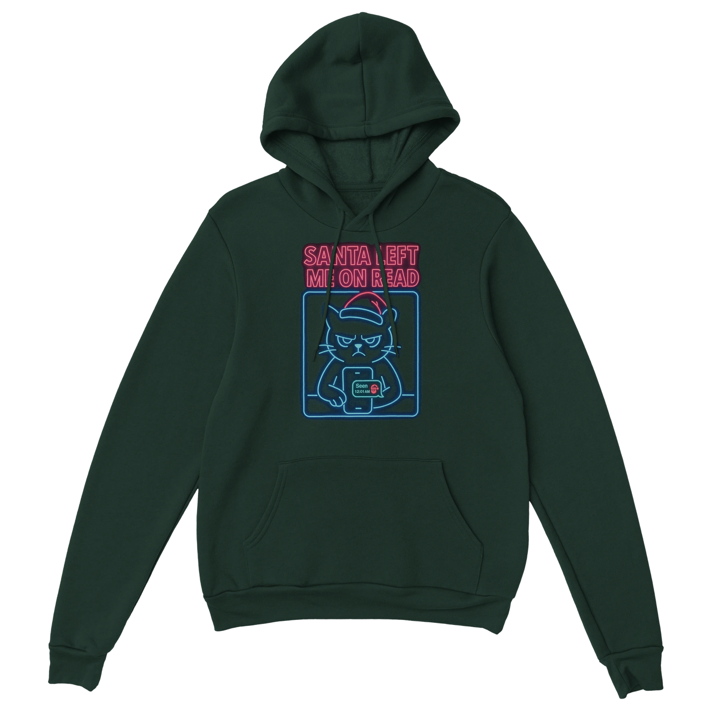 Green hoodie with a grumpy cat wearing sunglasses and the text "Santa Left Me On Read". Sarcastic holiday streetwear.