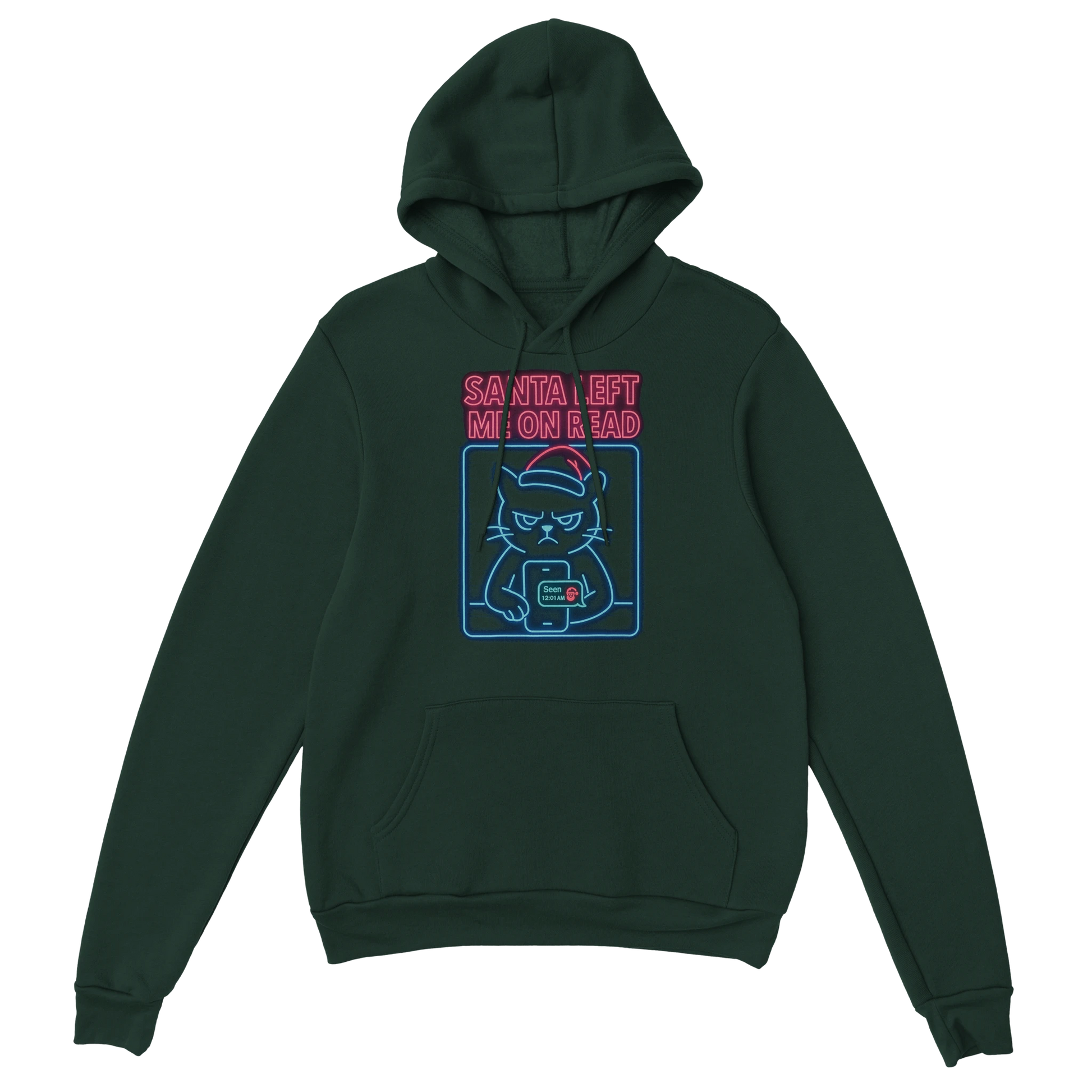 Green hoodie with a grumpy cat wearing sunglasses and the text "Santa Left Me On Read". Sarcastic holiday streetwear.
