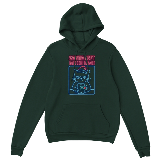 Green hoodie with a grumpy cat wearing sunglasses and the text "Santa Left Me On Read". Sarcastic holiday streetwear.