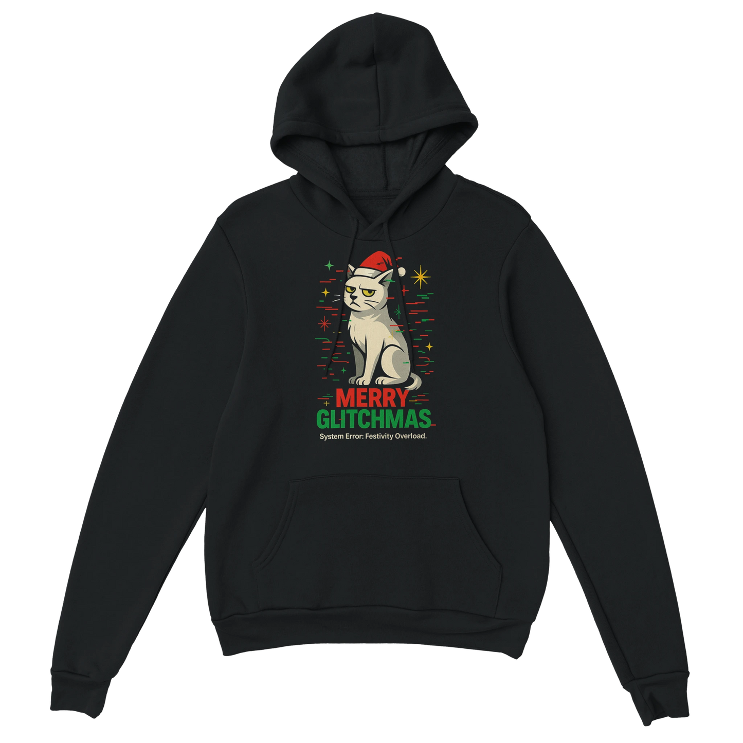 Black hoodie featuring a glitch-style Christmas cat illustration. Festive sarcastic LazyWhiskers design.