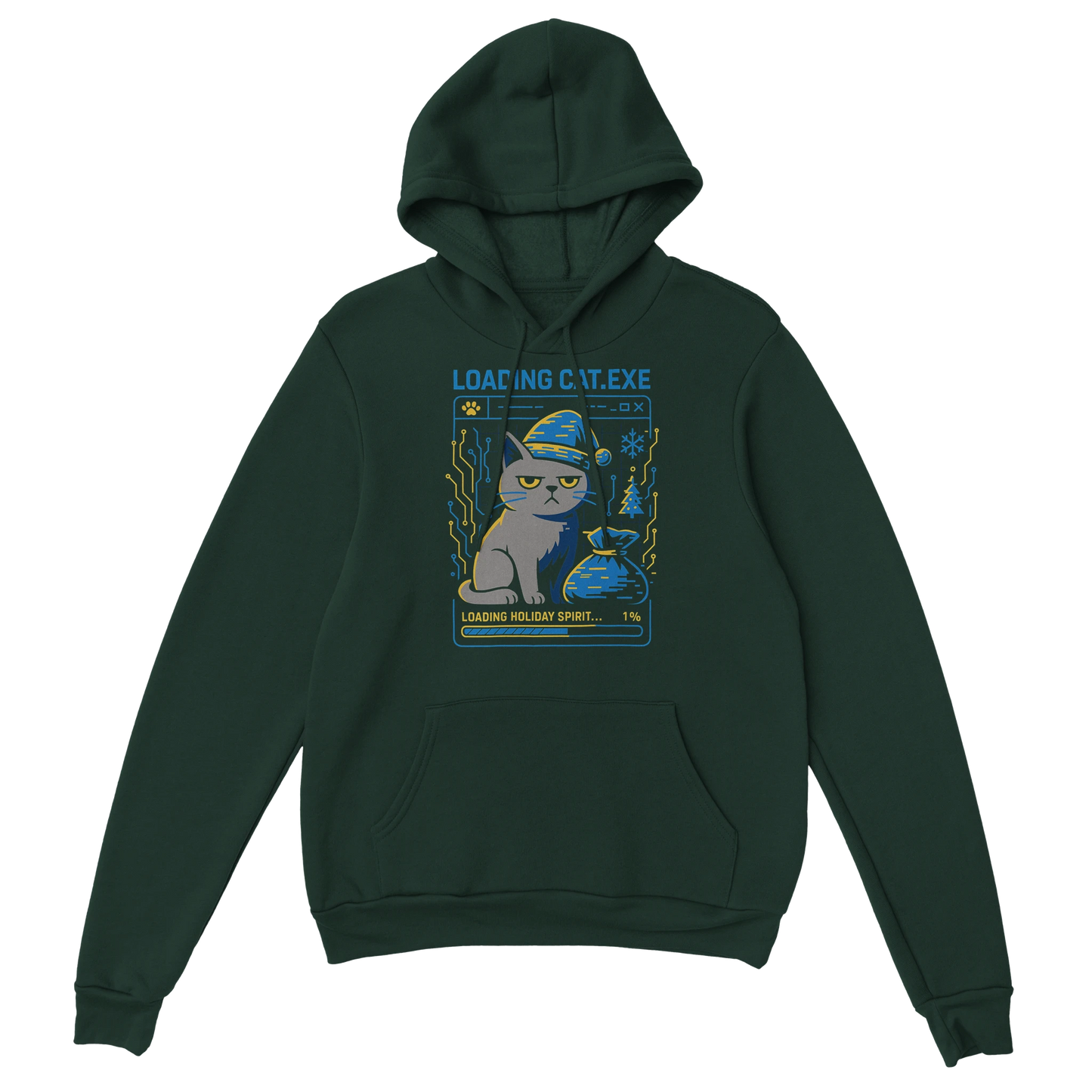 Green hoodie featuring a glitch-style Christmas cat graphic with Loading CAT.exe text. Sarcastic holiday streetwear.