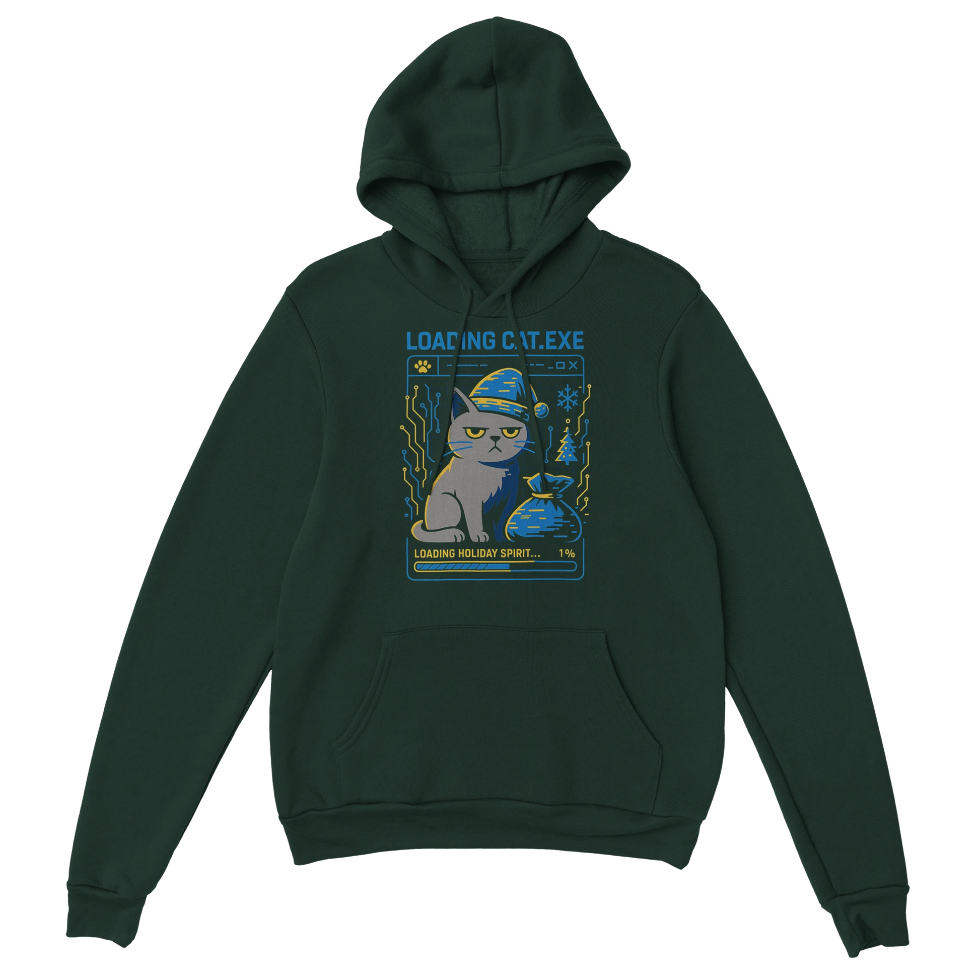 Green hoodie featuring a glitch-style Christmas cat graphic with Loading CAT.exe text. Sarcastic holiday streetwear.