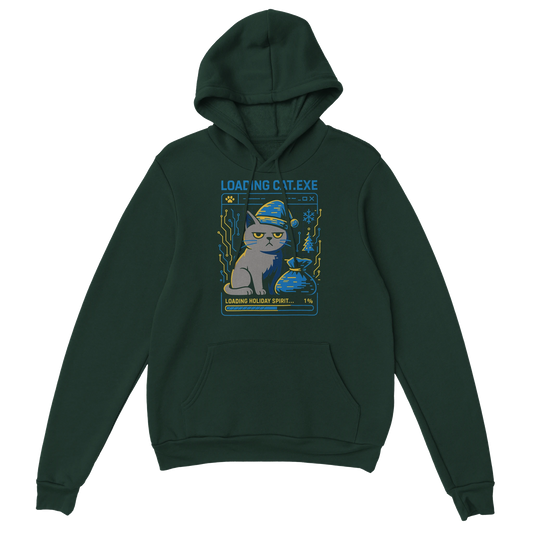 Green hoodie featuring a glitch-style Christmas cat graphic with Loading CAT.exe text. Sarcastic holiday streetwear.