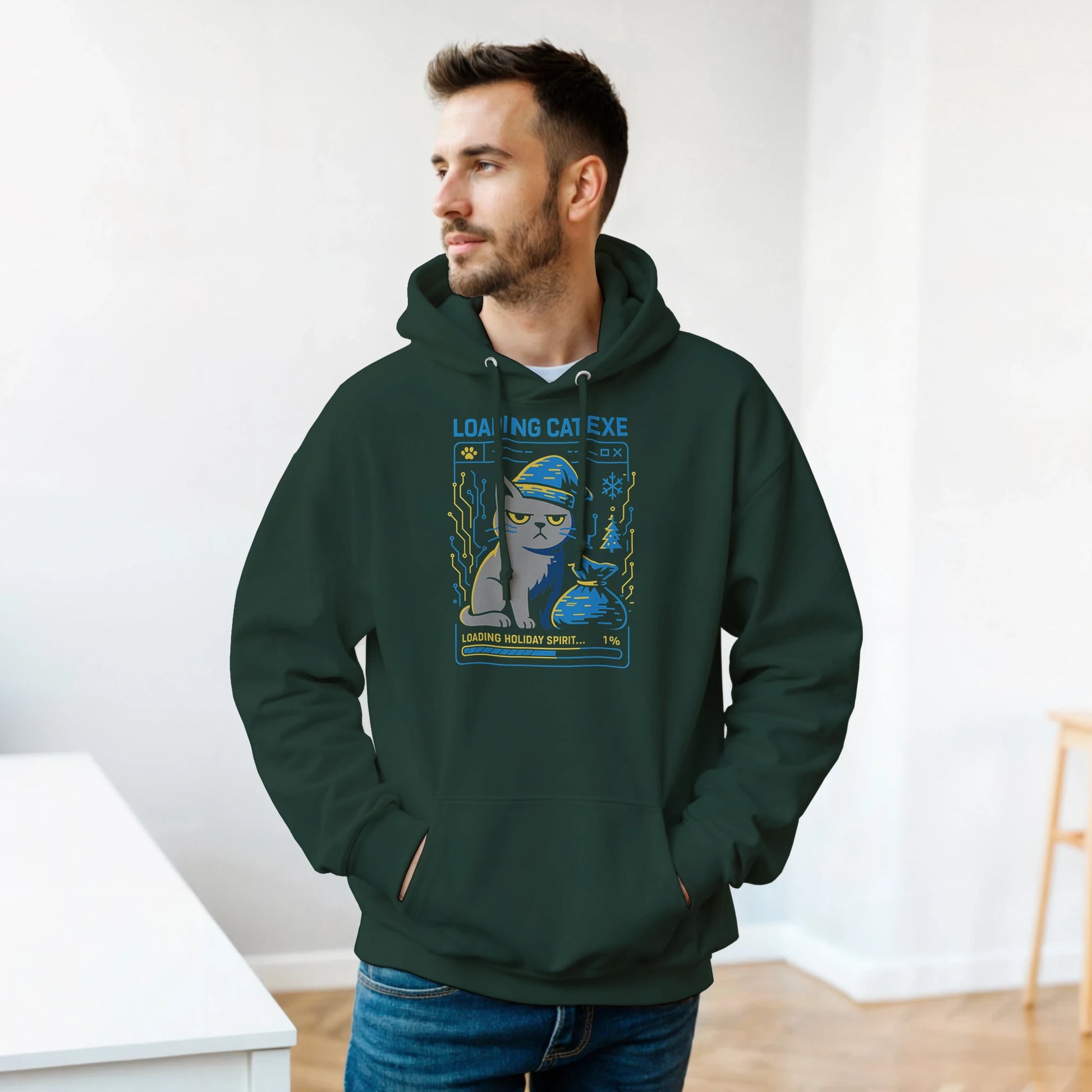 Person wearing the Loading CAT.exe hoodie, displaying relaxed fit and sarcastic tech Christmas style.