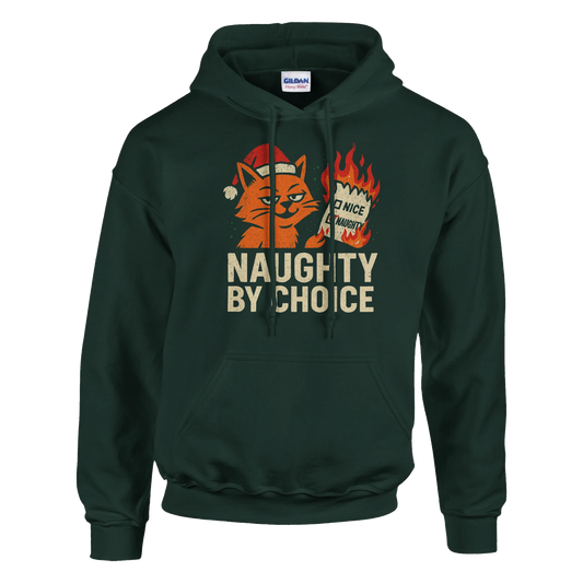 Green hoodie with a mischievous orange cat graphic and the text "Naughty By Choice". Sarcastic holiday streetwear.