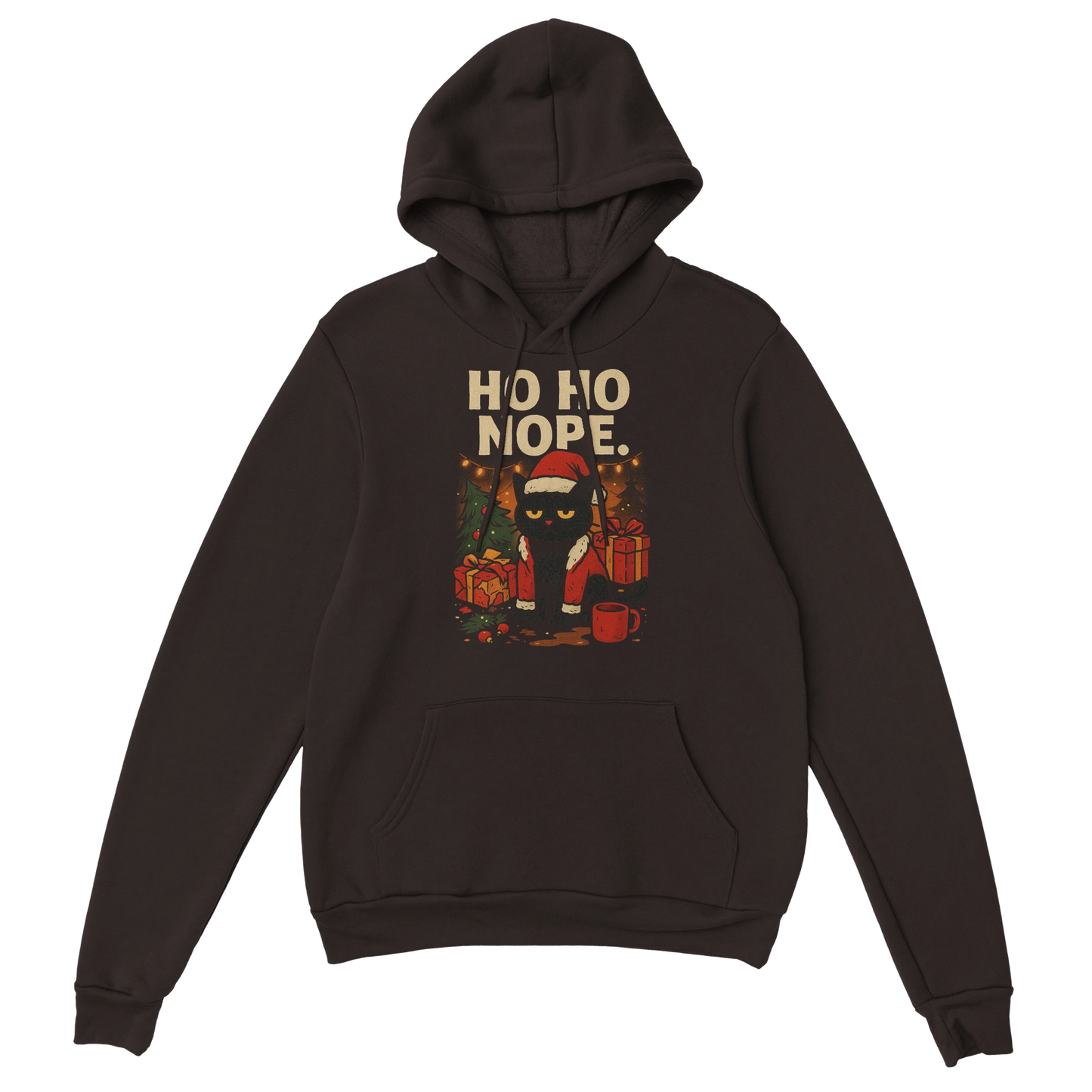 Brown ‘Ho Ho Nope’ Christmas hoodie featuring grumpy cat graphic with holiday elements, front view.