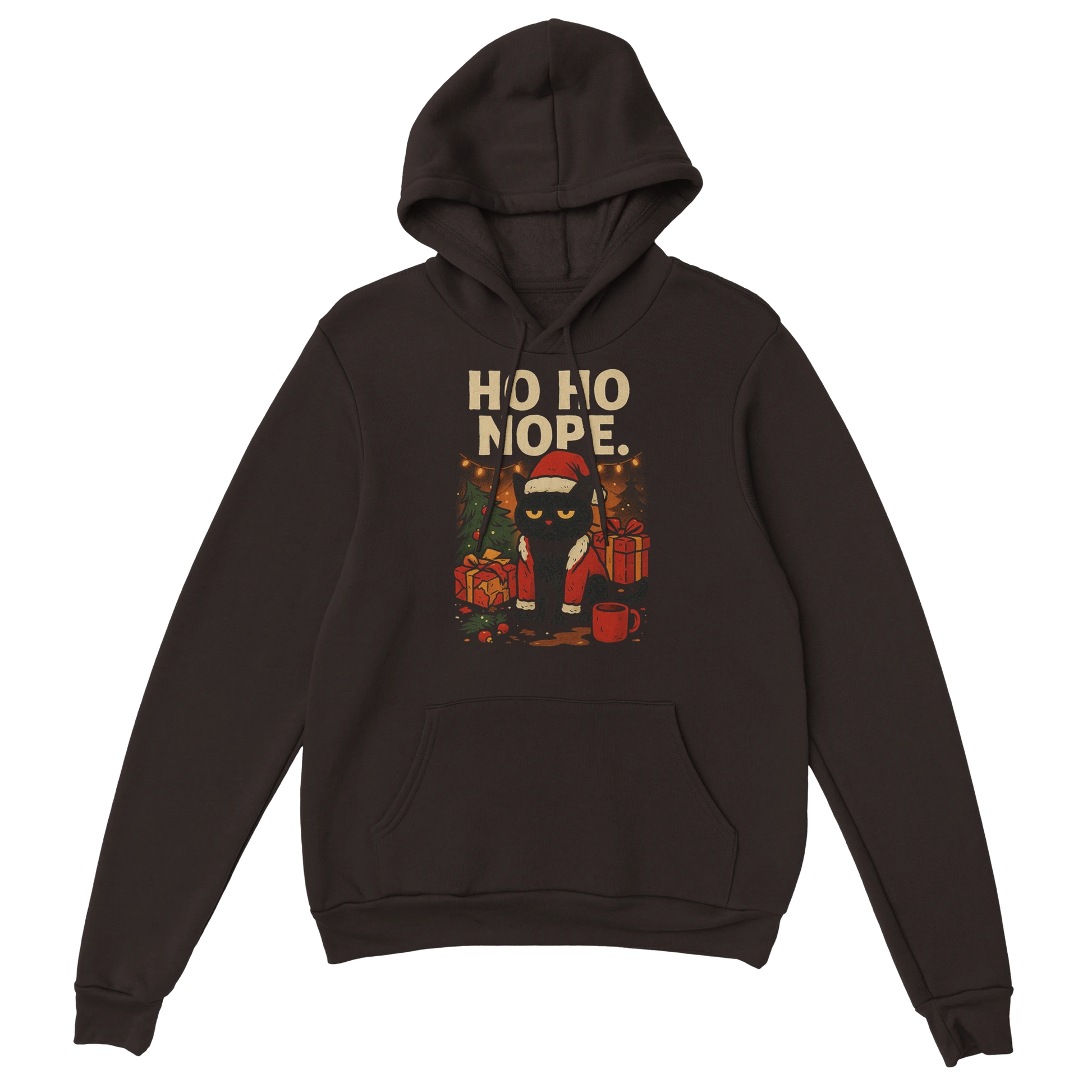 Brown ‘Ho Ho Nope’ Christmas hoodie featuring grumpy cat graphic with holiday elements, front view.
