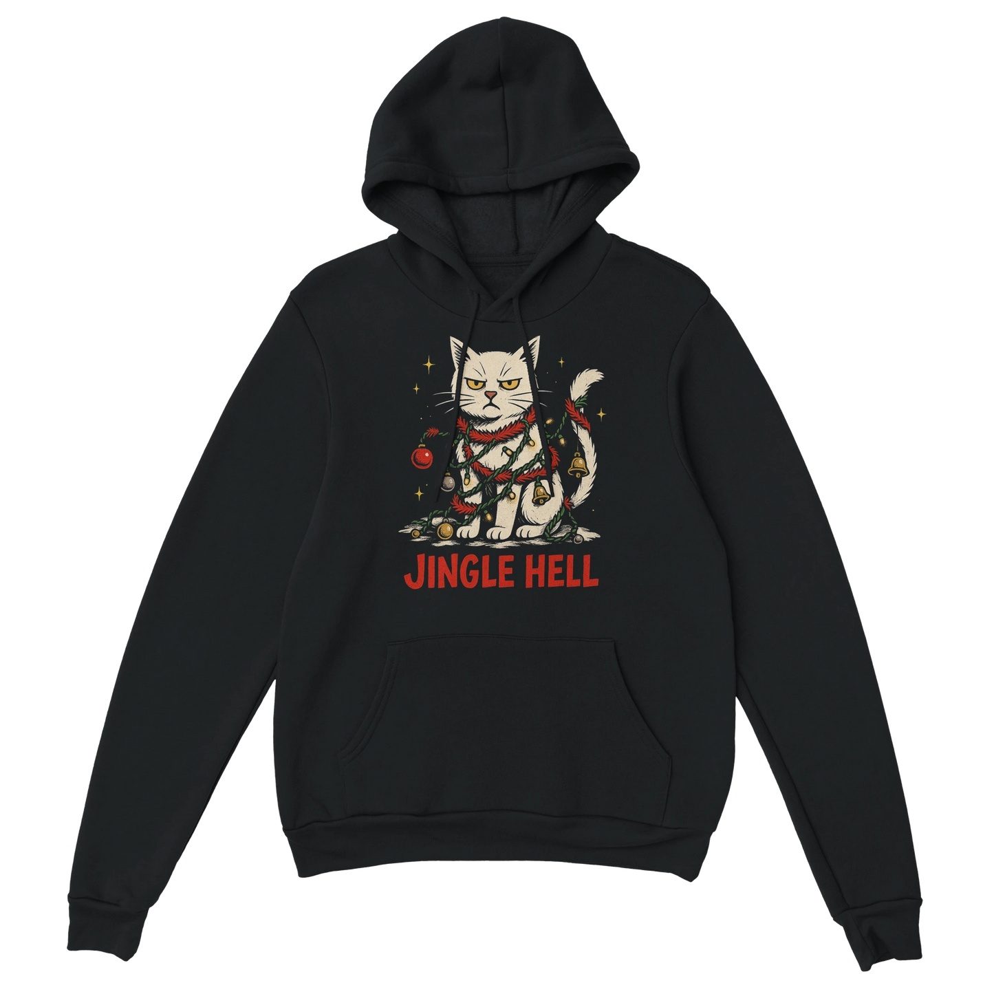 Black hoodie featuring a grumpy Christmas cat wrapped in lights and the text "Jingle Hell". Sarcastic holiday sweatshirt.