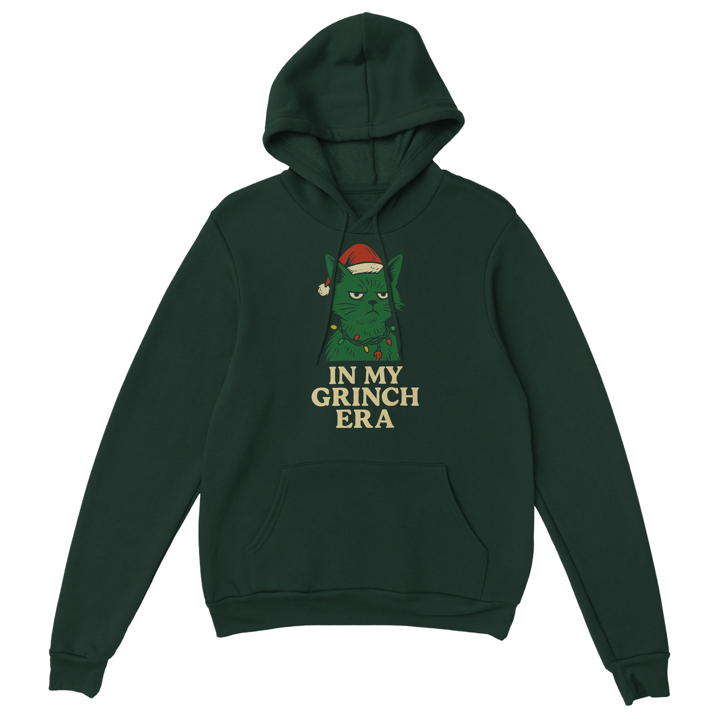 Green ‘In My Grinch Era’ Christmas hoodie with cat-themed Grinch illustration, front view, LazyWhiskers