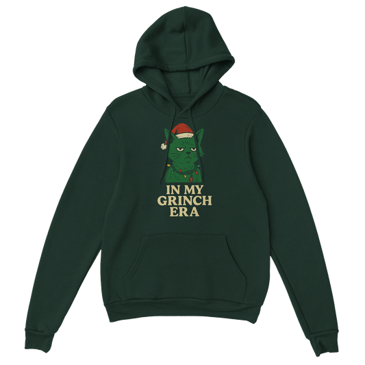 Green ‘In My Grinch Era’ Christmas hoodie with cat-themed Grinch illustration, front view, LazyWhiskers